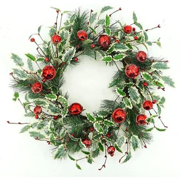 Christmas Winter Wreath with Artificial Holly Leaves and Red Bell - Picture 4 of 7